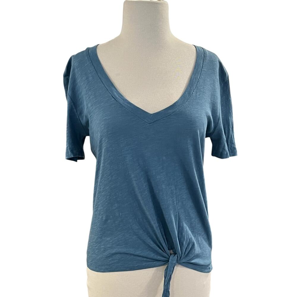 Synergy Organic Clothing XS Blue Tie Waist Top Women's Short Sleeve V-Neck